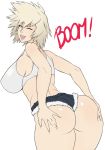  1girl ;d ass ass_grab bakugou_mitsuki blonde_hair boku_no_hero_academia breasts crop_top denim denim_shorts from_behind huge_ass large_breasts looking_back mature milf mkonstantinov one_eye_closed red_eyes short_shorts shorts sideboob simple_background smile solo thighs white_background 