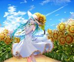  :d black_ribbon blue_hair blue_sky cloud day dress floating_hair flower frilled_dress frills from_behind hair_between_eyes hat hat_ribbon hatsune_miku highres holding holding_flower long_hair miyo_(user_zdsp7735) open_mouth outdoors ribbon sky sleeveless sleeveless_dress smile solo standing summer sun_hat sundress sunflower twintails very_long_hair vocaloid white_dress white_hat yellow_eyes yellow_flower 