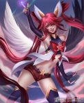  1girl alternate_costume alternate_hair_color alternate_hairstyle bare_shoulders belt black_gloves black_legwear elbow_gloves fellatio fingerless_gloves gloves gumae hair_ornament jinx_(league_of_legends) league_of_legends lipstick long_hair magical_girl red_bow red_eyes red_hair red_lips red_neckwear short_shorts shorts solo star_guardian_jinx thighhighs tied_hair twintails very_long_hair 