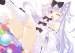 animal_ears armpit_crease azur_lane ball bangs bare_shoulders black_bow black_ribbon blush boots bow breasts brown_eyes cat_ears center_frills commentary_request dress eyebrows_visible_through_hair fang floating_hair frilled_boots frilled_dress frilled_sleeves frills from_below hair_bow hair_ribbon highres jigsaw_puzzle knee_boots legs long_hair long_sleeves looking_at_viewer mayuzaki_yuu off-shoulder_dress off_shoulder one_eye_closed open_mouth panties pantyshot pantyshot_(sitting) puzzle ribbon ribbon-trimmed_sleeves ribbon_trim shiny shiny_hair shiny_skin sidelocks silver_hair simple_background sitting small_breasts solo thighs toy two_side_up underwear white_background white_bow white_dress white_footwear white_panties white_ribbon yukikaze_(azur_lane) 