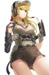  ammunition blonde_hair blue_eyes bow brown_shorts commentary english_commentary glock glock_18c gun handgun hat kfr long_hair magazine_(weapon) making_of military_operator original pistol short_shorts shorts solo symbol_commentary weapon 