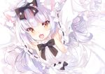 :3 :d absurdres animal_ears armpits arms_up azur_lane bangs black_bow black_ribbon blush bow breasts brown_eyes cat_ears center_frills commentary_request dress eyebrows_visible_through_hair fang frilled_dress frilled_sleeves frills from_above hair_between_eyes hair_bow hair_ribbon highres large_breasts long_hair long_sleeves looking_at_viewer mayuzaki_yuu off-shoulder_dress off_shoulder open_mouth outstretched_arms ribbon ribbon-trimmed_sleeves ribbon_trim sideboob sidelocks silver_hair smile solo white_background white_bow white_dress white_ribbon yukikaze_(azur_lane) 