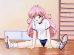  1girl 90s arm_support blue_eyes buruma copyright_name dated gym_shirt gym_uniform indoors long_hair looking_at_viewer megami_paradise nec official_art open_mouth pink_hair rurubell shirt sitting solo spread_legs 