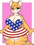  2018 anthro big_breasts border breasts cleavage clothed clothing digital_media_(artwork) dress feline female green_eyes hi_res kloudmutt looking_at_viewer mammal pink_nose simple_background smile solo stripes tiger united_states_of_america white_border 