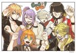  black_border blonde_hair blue_eyes border braid closed_mouth freckles gokotai green_eyes hachisuka_kotetsu hair_over_one_eye high_ponytail japanese_clothes kamekichi long_hair low_ponytail male_focus multicolored_hair multiple_boys nagasone_kotetsu nansen_ichimonji open_mouth orange_hair pale_skin paw_pose pectorals pogatyb ponytail pout purple_hair shishiou smile touken_ranbu turtle upper_body urashima_kotetsu yellow_eyes 