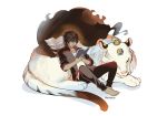  animal brown_hair dark_skin dark_skinned_male gokotai's_tigers hair_over_one_eye jacket kamekichi male_focus nue ookurikara open_clothes open_jacket pogatyb reading shirt shishiou_no_mofumofu simple_background sitting sleeping t-shirt tattoo tiger touken_ranbu turtle twitter_username white_background white_tiger yellow_eyes 