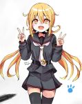  :d artist_name bangs belt black_belt black_legwear black_sailor_collar black_serafuku black_skirt blonde_hair blush commentary crescent crescent_moon_pin dated double_v eyebrows_visible_through_hair hair_between_eyes hands_up kantai_collection long_hair long_sleeves looking_at_viewer low_twintails neckerchief nose_blush open_mouth paw_print pen pleated_skirt sailor_collar satsuki_(kantai_collection) school_uniform serafuku shadow skirt smile solo thighhighs twintails unagiman v white_neckwear yellow_eyes zettai_ryouiki 