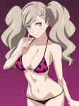  bangs bikini blue_eyes breasts closed_mouth collarbone cowboy_shot eyebrows_visible_through_hair gradient gradient_background grey_hair hair_ornament hairclip index_finger_raised large_breasts long_hair looking_at_viewer navel persona persona_5 purple_background purple_bikini ra-pen smile solo swept_bangs swimsuit takamaki_anne twintails 
