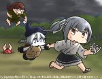  brown_eyes commentary_request dated destroyer_hime dudou fleeing gloves hachimaki hair_between_eyes hamu_koutarou hat headband inugami-ke_no_ichizoku_pose kagerou_(kantai_collection) kantai_collection kasumi_(kantai_collection) kitakami_(kantai_collection) long_hair multiple_girls open_mouth photo_(object) pleated_skirt shinkaisei-kan side_ponytail silver_hair skirt sweat turtle_shell white_hair white_skin 