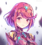  bangs blush breasts earrings fingerless_gloves gloves hair_ornament homura_(xenoblade_2) jewelry large_breasts looking_at_viewer red_eyes red_hair short_hair simple_background smile solo xenoblade_(series) xenoblade_2 zhandou_greymon 