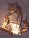  2018 anthro brown_fur brown_hair canine chest_tuft chopper_(hunglee) clothed clothing cup english_text fluffy fluffy_tail fur hair hi_res holding_object hunglee male mammal navel simple_background solo standing text topless tuft wolf yellow_eyes 