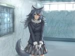  animal_ears bad_id bad_pixiv_id black_hair black_neckwear black_skirt blue_eyes closed_mouth commentary eyebrows_visible_through_hair gloves grey_wolf_(kemono_friends) heterochromia highres indoors kemono_friends long_hair long_sleeves looking_at_viewer mame_(mame3737) multicolored_hair necktie orange_eyes skirt smile solo standing tail white_gloves white_hair wolf_ears wolf_tail 