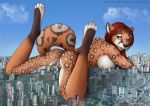  2018 anthro big_breasts blue_eyes breasts butt cat city destruction fangs feline female hair looking_back macro mammal paintchaser pose pussy raised_tail red_hair spots 