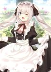  7_calpis_7 ;d alternate_costume apron black_dress black_ribbon blue_eyes bow bowtie cowboy_shot dress enmaided fate/grand_order fate_(series) flower frilled_apron frills hair_ribbon highres long_hair looking_at_viewer maid maid_headdress marie_antoinette_(fate/grand_order) one_eye_closed open_mouth ribbon signature skirt_hold smile solo twintails white_apron white_hair 