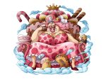  bodskih breasts cake charlotte_linlin cleavage crown dress eating fat food fruit hat high_heels jewelry lipstick long_hair makeup official_art one_piece open_mouth pink_hair pirate_hat ring sitting solo strawberry teeth transparent_background 