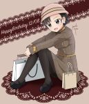  absurdres alternate_costume alternate_hairstyle artist_name asymmetrical_bangs bag bangs black_eyes black_footwear black_hair black_legwear braid brown_background brown_dress brown_hat commentary dated doily dress earrings english eyebrows_visible_through_hair full_body girls_und_panzer happy_birthday hat highres jewelry leaning_forward leg_hug long_hair long_sleeves looking_at_viewer mary_janes nishi_kinuyo oldschool open_mouth pantyhose parda_siko pearl_earrings plaid plaid_dress shoes shopping_bag signature sitting smile solo tied_hair twin_braids 