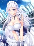  absurdly_long_hair azur_lane belfast_(azur_lane) blue_eyes blush breasts cleavage collarbone corset cuffs day eyebrows_visible_through_hair gigamessy large_breasts long_hair looking_at_viewer maid maid_headdress outdoors parted_lips shackles solo very_long_hair white_hair 