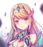  armor blonde_hair breasts cleavage dress gloves hikari_(xenoblade_2) large_breasts long_hair looking_at_viewer simple_background smile solo xenoblade_(series) xenoblade_2 yellow_eyes zhandou_greymon 