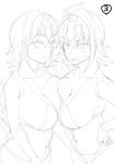  bikini breast_press breasts erect_sawaru fate/grand_order fate_(series) headpiece huge_breasts jeanne_d'arc_(alter)_(fate) jeanne_d'arc_(fate) jeanne_d'arc_(fate)_(all) monochrome multiple_girls sketch swimsuit symmetrical_docking 