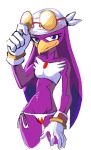  2018 5_fingers anthro avian bandanna bedroom_eyes bird blue_eyes breasts clothing digital_media_(artwork) eyewear feathers female half-closed_eyes looking_at_viewer midriff myheartpumpspiss non-mammal_breasts pose purple_feathers seductive simple_background smile solo sonic_(series) sonic_riders standing sunglasses swallow_(bird) swimsuit video_games wave_the_swallow white_background 