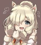  :d alpaca_ears alpaca_suri_(kemono_friends) animal_ears blonde_hair blush commentary eyebrows_visible_through_hair fur_collar grey_eyes hair_over_one_eye hair_tie hand_in_hair hands_up heart kemono_friends long_hair long_sleeves looking_at_viewer open_mouth pocchari simple_background smile solo upper_body 