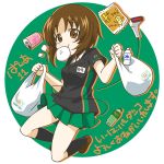  :t alternate_costume bag bangs baozi barcode_scanner black_legwear black_shirt bottle brown_eyes brown_footwear brown_hair circle collared_shirt commentary_request employee_uniform eyebrows_visible_through_hair food girls_und_panzer green_background green_skirt grocery_bag holding kneehighs loafers looking_at_viewer miniskirt mouth_hold name_tag nishizumi_miho outside_border parda_siko plastic_bag pleated_skirt print_shirt scanner shirt shoes shopping_bag short_hair short_sleeves skirt solo standing steam translation_request twitter_username uniform 