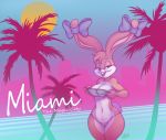  2018 babs_bunny bikini blue_eyes buckteeth clothing female florida fur gunmouth lagomorph looking_at_viewer mammal miami open_mouth palm_tree pink_fur pink_nose rabbit retro sun swimsuit synthwave teeth tiny_toon_adventures tree undressing warner_brothers 