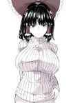  black_hair breasts commentary covered_nipples cowboy_shot deetamu expressionless hair_ribbon hair_tubes hakurei_reimu highres huge_breasts looking_at_viewer muted_color no_pants ribbed_sweater ribbon simple_background sweater touhou turtleneck turtleneck_sweater 