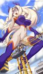  1girl arched_back bird blonde_hair blue_sky bodysuit boku_no_hero_academia breasts cameltoe closed_eyes commentary covered_navel covered_nipples crane crotch_rub english_commentary erotibot female_ejaculation giantess highres horns large_breasts light_rays long_hair masturbation masturbation_through_clothing mineta_minoru moaning mount_lady open_mouth pussy_juice skin_tight sky 