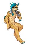  2018 5_fingers abs anthro blue_eyes blue_hair blue_nose blue_teeth braided_hair claws digital_media_(artwork) feline hair holding_object lukiri male mammal navel nude saber-toothed_cat simple_background sitting solo white_background 
