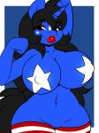  2018 anthro big_breasts black_hair border breasts clothing digital_media_(artwork) equine fan_character female hair hi_res horn klodette kloudmutt legwear lipstick long_hair looking_at_viewer makeup mammal my_little_pony navel nipple_bulge pasties pussy simple_background solo striped_legwear stripes unicorn united_states_of_america white_border 