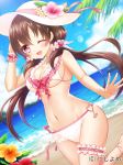  ;d beach bikini blue_sky blush breasts brown_hair cleavage cloud day dutch_angle flower frilled_bikini frills groin hair_ornament hat hat_flower heart heart_hair_ornament hibiscus itsuki_jun medium_breasts navel ocean official_art one_eye_closed open_mouth pink_eyes scrunchie sky smile solo standing standing_on_one_leg sun_hat swimsuit thigh_strap twintails valhalla_valkyries white_bikini white_hat wrist_scrunchie 