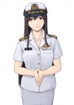 akagi_(kantai_collection) alternate_costume bangs brown_eyes brown_hair closed_mouth collarbone commentary cowboy_shot epaulettes eyebrows_visible_through_hair hair_between_eyes hands_together hat kantai_collection long_hair looking_at_viewer medal military military_hat military_jacket military_uniform name_tag naval_uniform sidelocks simple_background smile solo standing straight_hair uniform vent_arbre white_background 