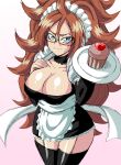  1girl android_21 apron blue_eyes blush bocodamondo breasts cleavage cupcake dragon_ball dragonball_z glasses highres large_breasts maid maid_apron red_hair solo thighhighs 