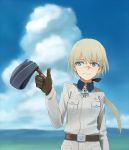  belt blonde_hair blue_eyes blue_sky brown_gloves commentary_request day facial_scar gloves hanna_rudel hat hat_removed headwear_removed iron_claw leather leather_gloves long_hair ponytail scar shiratama_(hockey) sky smile solo strike_witches uniform upper_body white_cloak world_witches_series 
