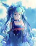  absurdres blue_bow blue_dress blue_eyes blue_hair blue_ribbon bow choker cloud collarbone detached_sleeves dress eyebrows_visible_through_hair finger_to_mouth frilled_dress frills hair_between_eyes hair_bow hair_ornament hatsune_miku highres iceblue long_hair parted_lips pleated_dress ribbon ribbon_choker sleeveless sleeveless_dress solo star star_hair_ornament striped striped_bow striped_ribbon twintails upper_body very_long_hair vocaloid yuki_miku 