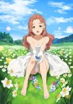  bangs_pinned_back bare_shoulders barefoot blue_feathers brown_hair commentary_request dress flower freckles glass_slipper gloves hair_flower hair_ornament hibike!_euphonium highres jewelry kamo_kamen kenzaki_ririka liz_to_aoi_tori long_hair meadow necklace open_mouth reed_(instrument) smile solo strapless strapless_dress white_dress white_gloves 