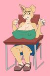 angel_(lady_and_the_tramp) anthro big_breasts blue_eyes blush breasts canine clitoris clothing curled_tail desk disney dog female floppy_ears footwear grin hi_res huge_breasts lady_and_the_tramp mammal nipple_bulge pussy shoes skirt smile teeth tube_top 