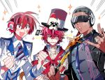  \m/ arsloid bandaid_on_cheek black_jacket clenched_hands cyber_songman dark_skin dark_skinned_male fukase hat head_flag headphones jacket lowres male_focus multiple_boys neon_trim no_pupils protected_link red_eyes red_hair red_sclera scar shaved_head smile sunglasses sword top_hat uoshi_(uoshi777) vocaloid vy2 vy2_(vocaloid3) weapon wet 