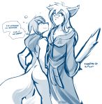  2018 anthro basitin bathrobe blush breasts butt canine casual_nudity chest_tuft clothed clothing dialogue drunk duo english_text female female/female flirting half-closed_eyes hands_on_hips hi_res humor keidran king_adelaide mammal monochrome natani nude robe side_boob simple_background sketch smile tail_boner text tom_fischbach tuft twokinds webcomic white_background wolf 