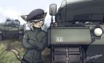  2018 beret blind_eye blonde_hair brown_fur chloe_(hunglee) clothed clothing crossed_arms feline female fully_clothed fur hair hair_over_eye hat hi_res hunglee leopard mammal outside red_eyes scar solo standing tan_fur tank vehicle 