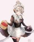  atoatto basket commentary_request cosplay felicia_(fire_emblem_if) felicia_(fire_emblem_if)_(cosplay) fire_emblem fire_emblem_heroes fire_emblem_if food fruit gem grey_eyes hair_bun holding holding_basket juliet_sleeves kanna_(female)_(fire_emblem_if) kanna_(fire_emblem_if) long_sleeves maid maid_headdress mamkute open_mouth pointy_ears puffy_sleeves ribbon signature silver_hair simple_background solo strawberry thighhighs white_ribbon zettai_ryouiki 