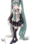  absurdly_long_hair aqua_eyes aqua_hair aqua_neckwear artist_name bare_shoulders black_footwear black_skirt blush boots breasts chinese_commentary commentary_request detached_sleeves eyebrows_visible_through_hair fkey full_body grey_vest hair_between_eyes hatsune_miku highres long_hair long_sleeves looking_at_viewer miniskirt necktie pleated_skirt signature simple_background skirt small_breasts smile solo standing thigh_boots thighhighs twintails very_long_hair vest vocaloid white_background wide_sleeves wing_collar zettai_ryouiki 