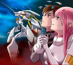  1boy 1girl albyee bangs black_bodysuit black_hair blue_eyes blue_horns bodysuit breasts broken_horn cloud cloudy_sky commentary couple darling_in_the_franxx gloves green_eyes hand_holding hetero hiro_(darling_in_the_franxx) horns long_hair mecha medium_breasts night night_sky oni_horns pilot_suit pink_hair red_horns short_hair strelizia strelizia_apus white_bodysuit white_gloves zero_two_(darling_in_the_franxx) 