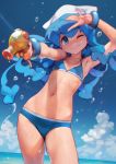  ;) absurdres arm_up armpits ass_visible_through_thighs ataruman beach bikini blue_bikini blue_eyes blue_hair blue_sky bracelet cloud commentary contrapposto cowboy_shot day dutch_angle eyebrows_visible_through_hair flat_chest hands_up hat highres horizon ikamusume jewelry long_hair looking_at_viewer navel one_eye_closed outdoors pinky_out shinryaku!_ikamusume sky smile solo squid_hat standing swimsuit tentacle_hair water water_drop water_gun white_hat 