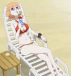  1girl beach bikini blonde_hair breasts cleavage drink eyes_closed flcl flcl_progressive haruhara_haruko sunglasses tagme 