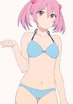  bikini blue_bikini collarbone commentary kantai_collection low_twintails navel pink_eyes pink_hair sazanami_(kantai_collection) short_hair sohin solo swimsuit twintails 