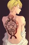  back back_tattoo bare_back blonde_hair eyebrows_visible_through_hair fullmetal_alchemist gradient gradient_background hanayama_(inunekokawaii) hand_on_own_arm holding_arm looking_to_the_side no_bra off_shoulder purple_background riza_hawkeye shirt short_hair solo tattoo upper_body white_shirt 