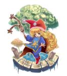  :d bangs blue_bodysuit bodysuit charlotte_(seiken_densetsu_3) curly_hair eyebrows_visible_through_hair flail full_body hat holding holding_weapon jester_cap koshi_(meermisa) long_hair long_sleeves looking_at_viewer open_mouth pom_pom_(clothes) red_footwear red_hat seiken_densetsu seiken_densetsu_3 simple_background smile solo sun_(symbol) tabard teeth tree water weapon white_background 