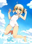  ahoge armpits artoria_pendragon_(all) ass_visible_through_thighs barefoot black_ribbon blonde_hair blue_sky blush character_name cloud collarbone commentary_request competition_school_swimsuit covered_navel day dutch_angle eyebrows_visible_through_hair fate/stay_night fate/unlimited_codes fate_(series) flat_chest full_body gradient gradient_sky green_eyes hair_between_eyes hair_ribbon hands_up happy hips jumping looking_at_viewer name_tag namonashi one-piece_swimsuit open_mouth outdoors ponytail ribbon ribs saber saber_lily school_swimsuit short_ponytail sidelocks sky smile solo splashing swimsuit water white_school_swimsuit white_swimsuit younger 